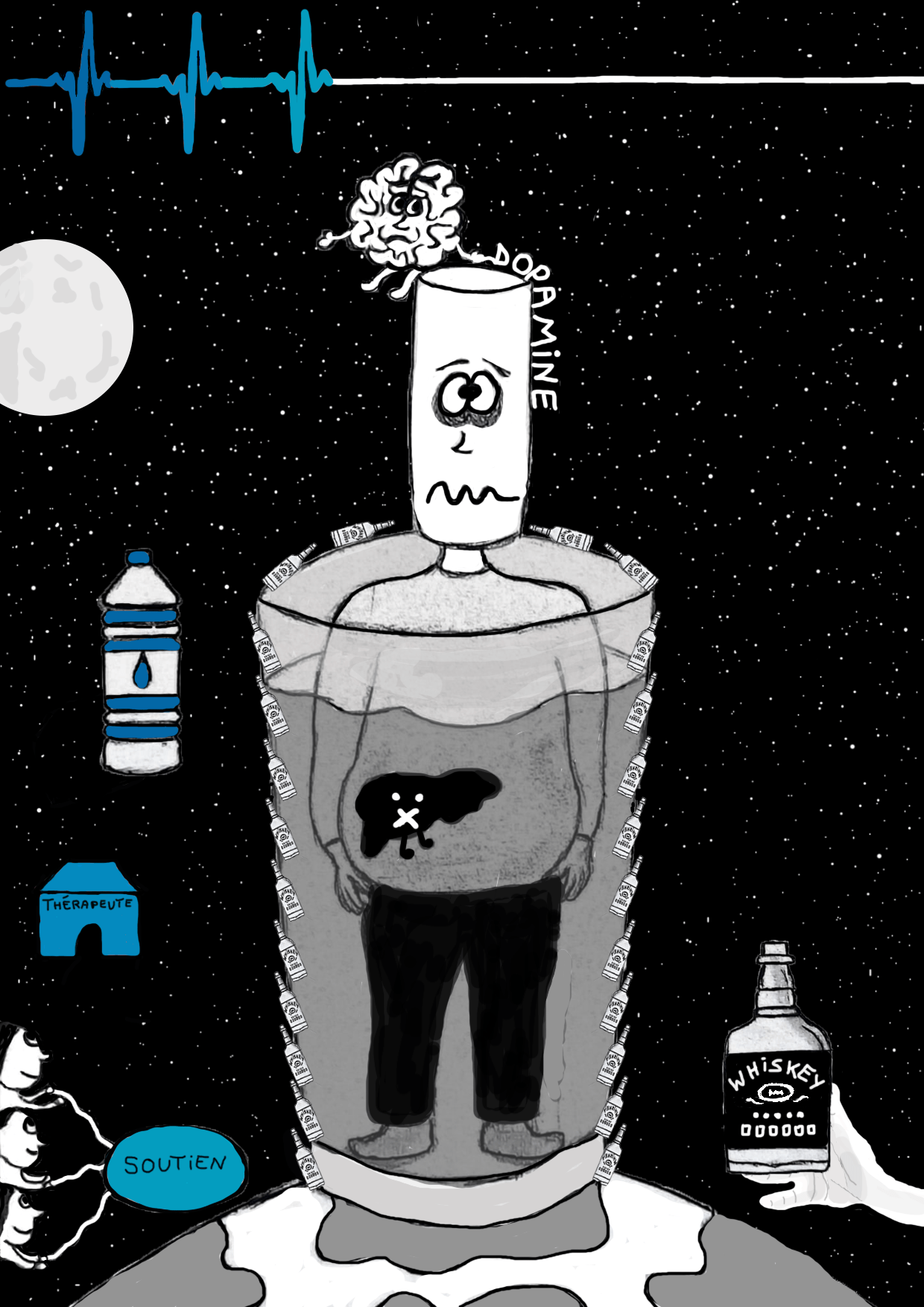 Illustration dénonçant l'addiction à l'alcool et ses solutions réalisée manuellement et de manière numérique. 