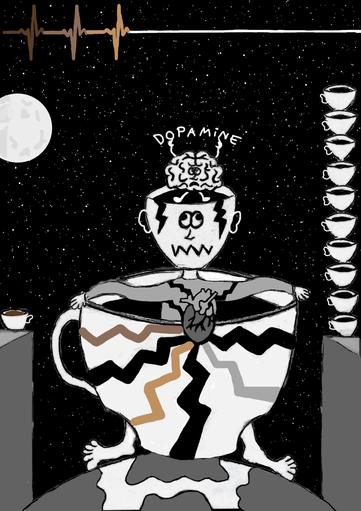 Illustration dénonçant l'addiction au café et ses solutions réalisée manuellement et de manière numérique. 