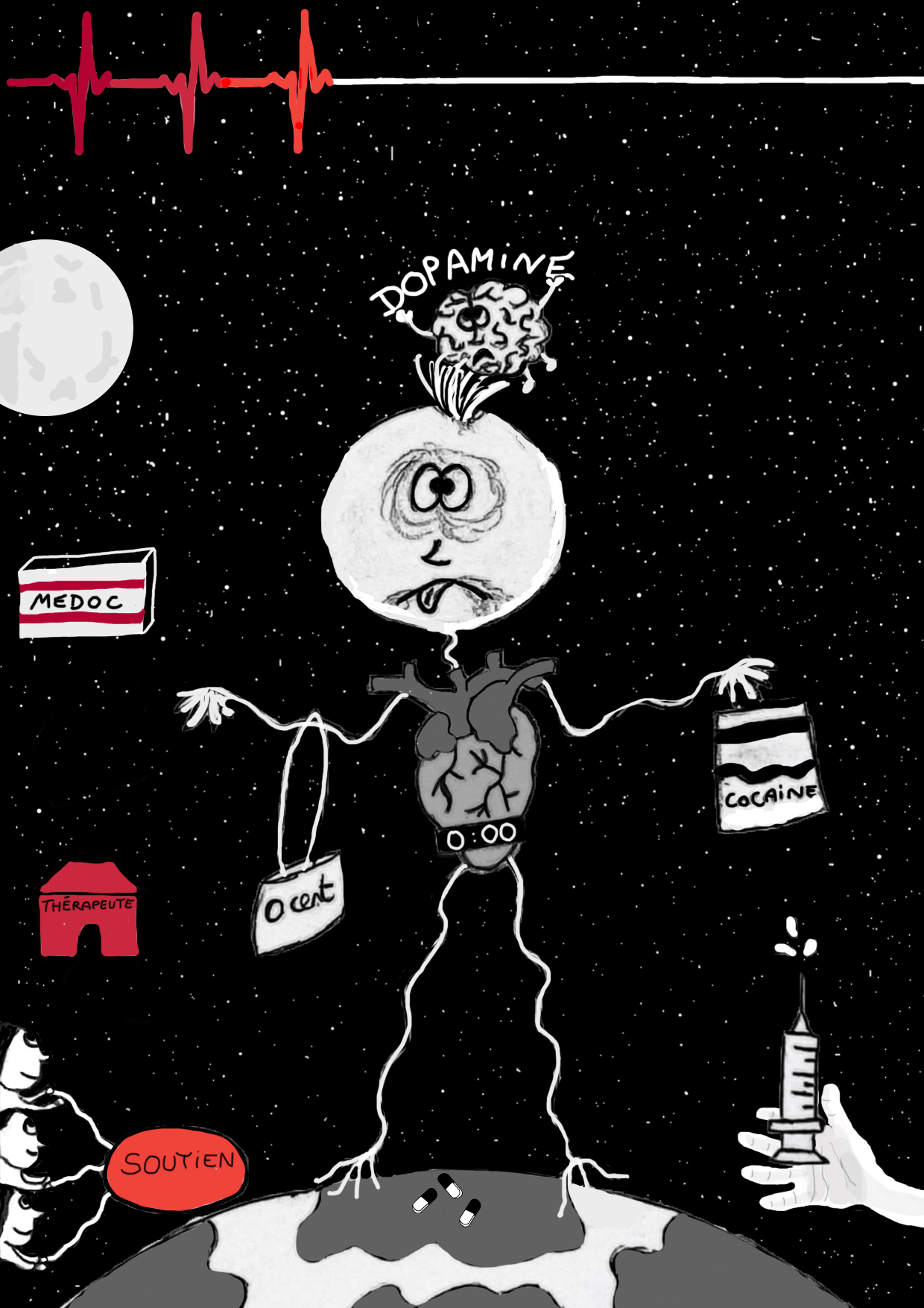 Illustration dénonçant l'addiction à la drogue et ses solutions réalisée manuellement et de manière numérique. 