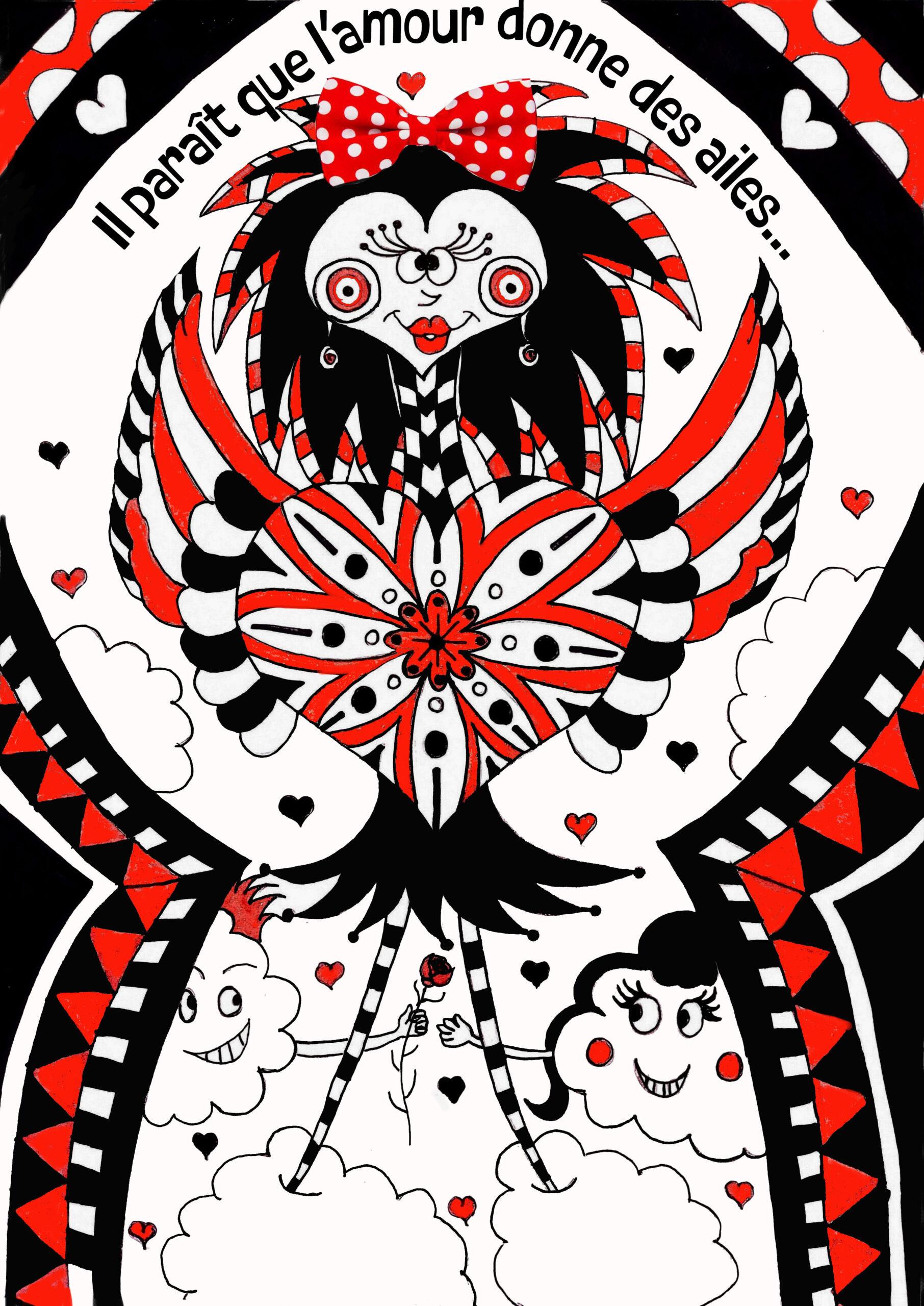 Illustration "il paraît que l'amour donne des ailes" en couleur réalisée de manière manuelle et numérique.