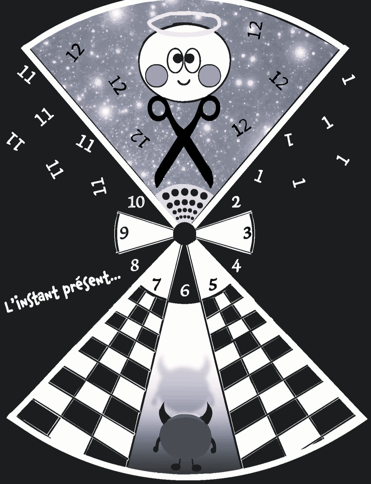 Illustration en noir et blanc sur l'instant présent réalisée manuellement et de manière numérique. 