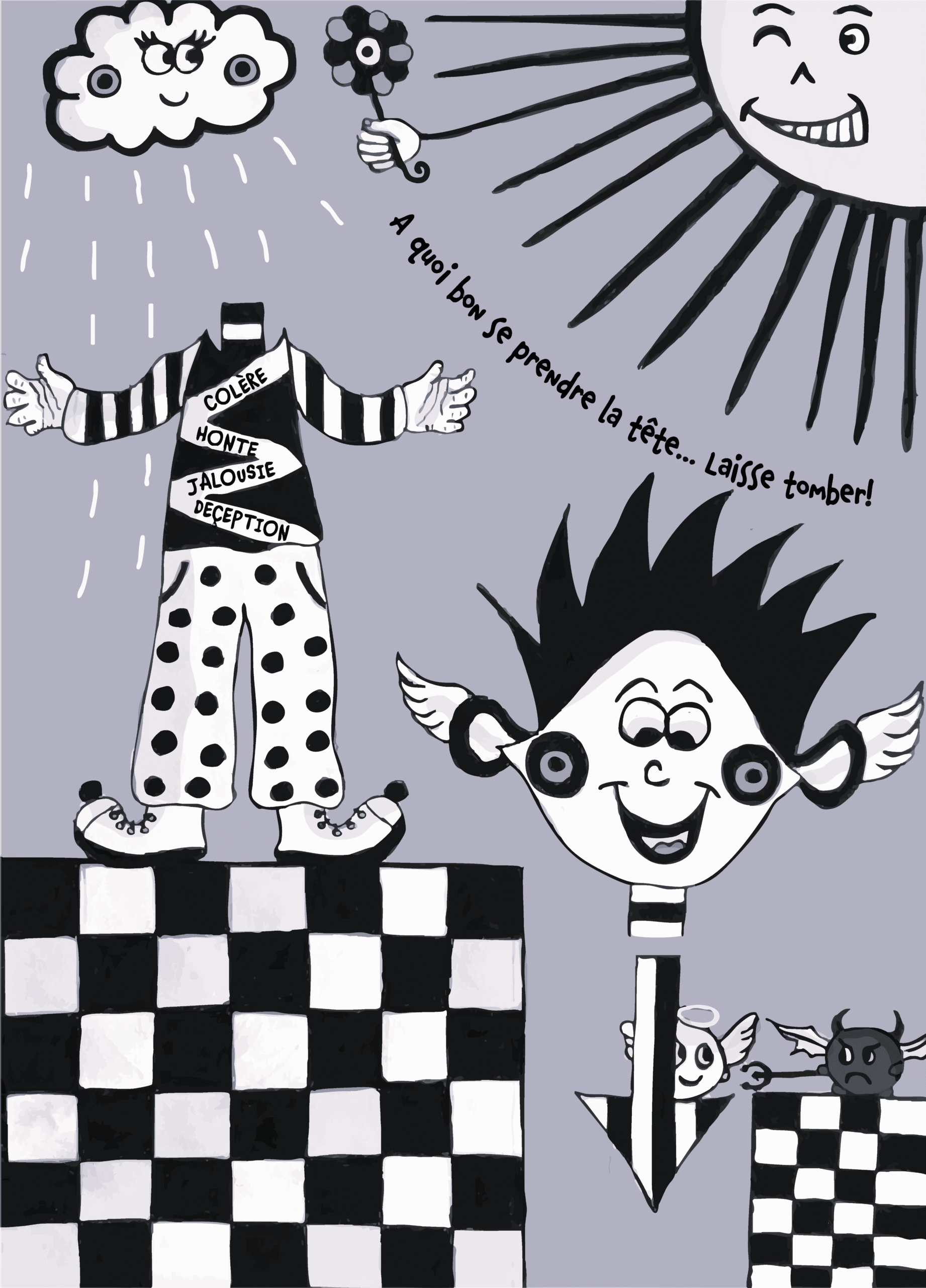 Illustration en noir et blanc "ne pas se prendre la tête" réalisée manuellement et de manière numérique. 