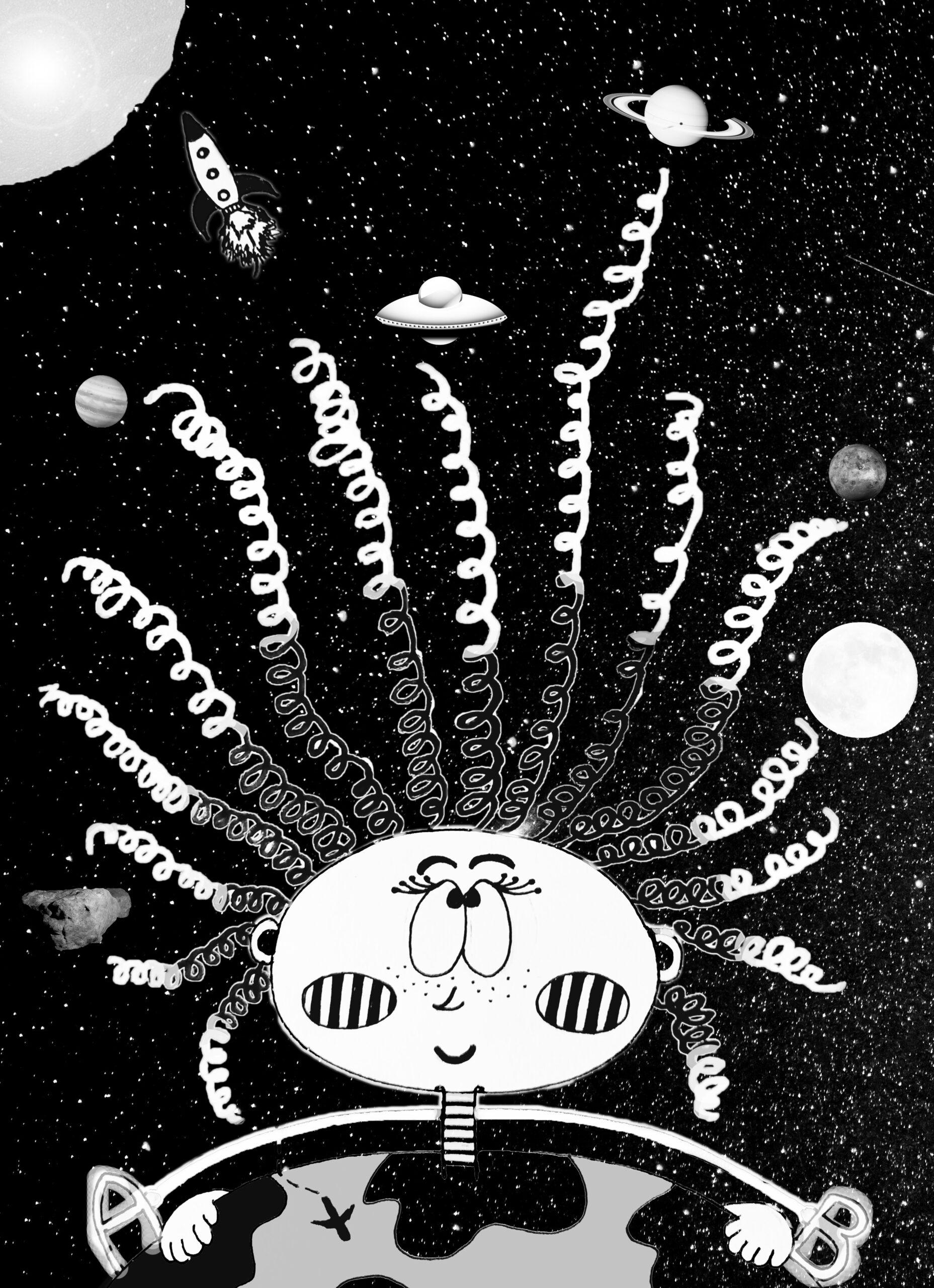 Illustration sur l'imagination contre la logique en noir et blanc réalisée de manière manuelle et numérique.