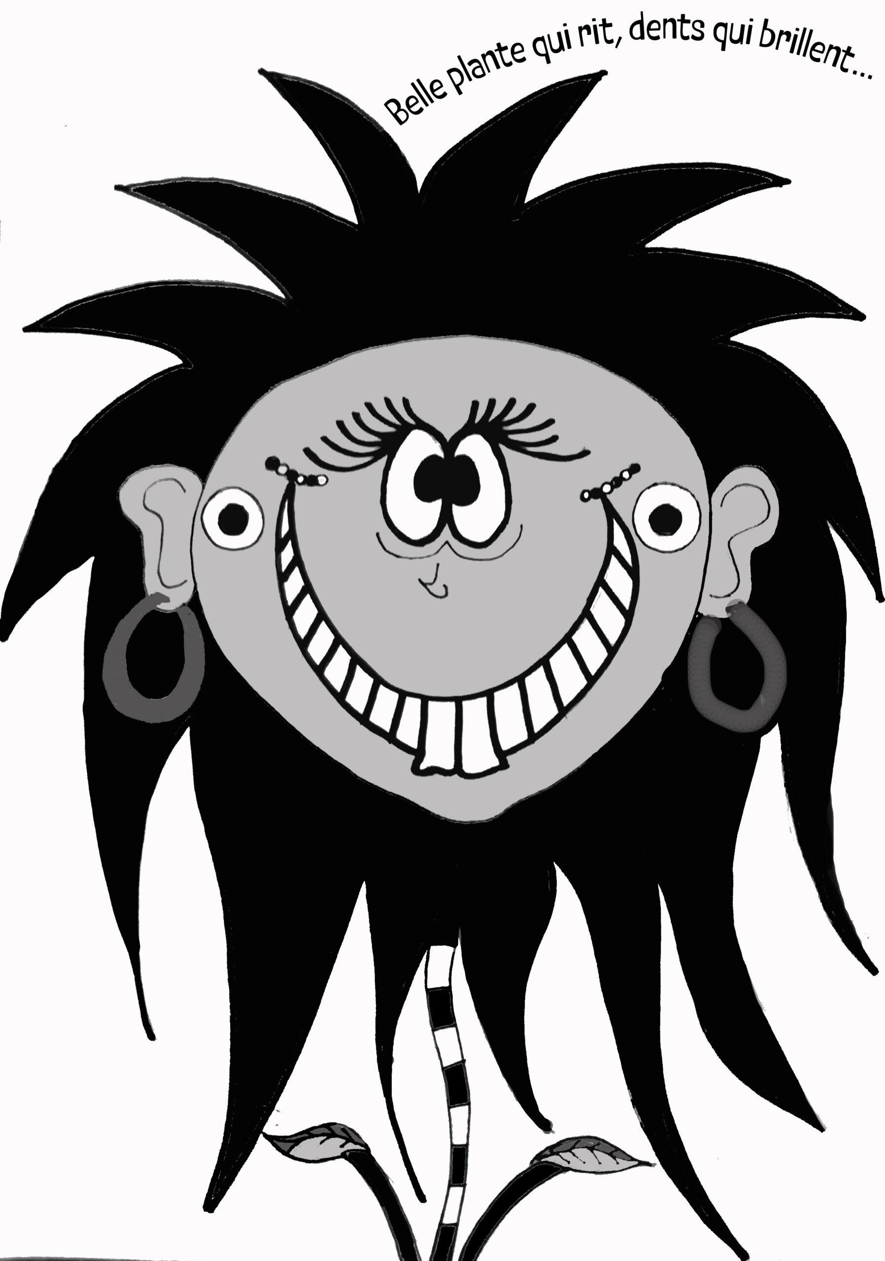 Illustration "belle plante qui rit, dents qui brillent" en noir et blanc réalisée de manière manuelle et numérique.