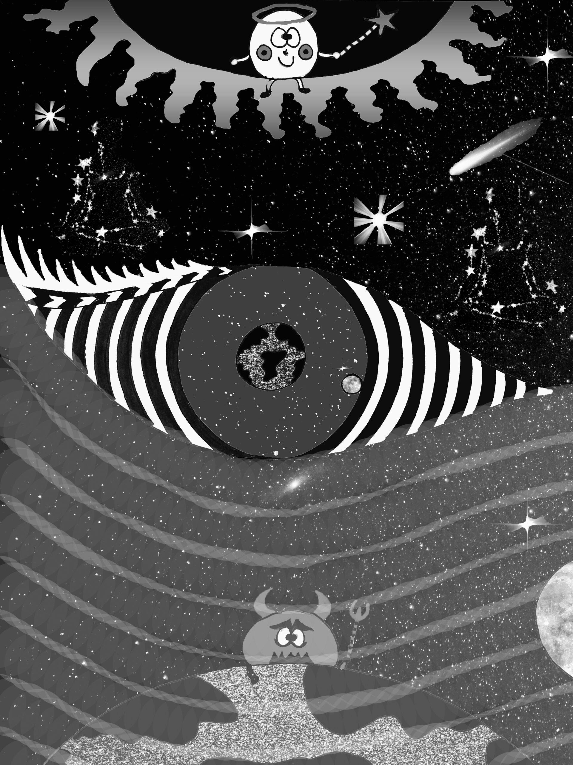 Illustration "rendre visible ce que l'on ne voit pas" en noir et blanc réalisée de manière manuelle et numérique.