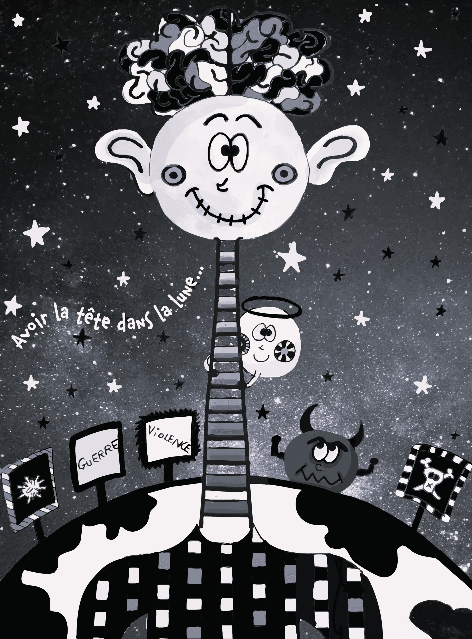 Illustration en noir et blanc reprenant la citation "avoir la tête dans la lune" réalisée manuellement et de manière numérique. 
